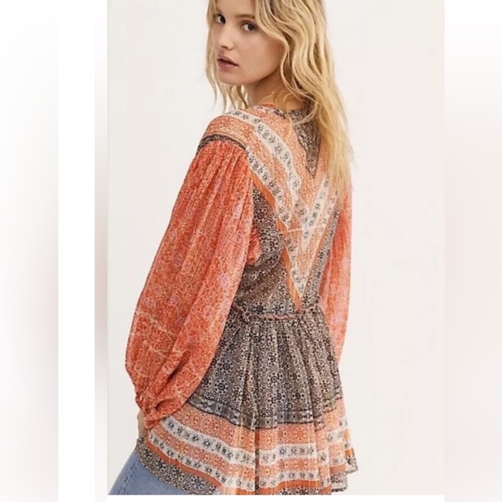 NWOT Free People Aliyah Orange Brown Gold Metallic Printed Boho Tunic Top Medium - Picture 5 of 15